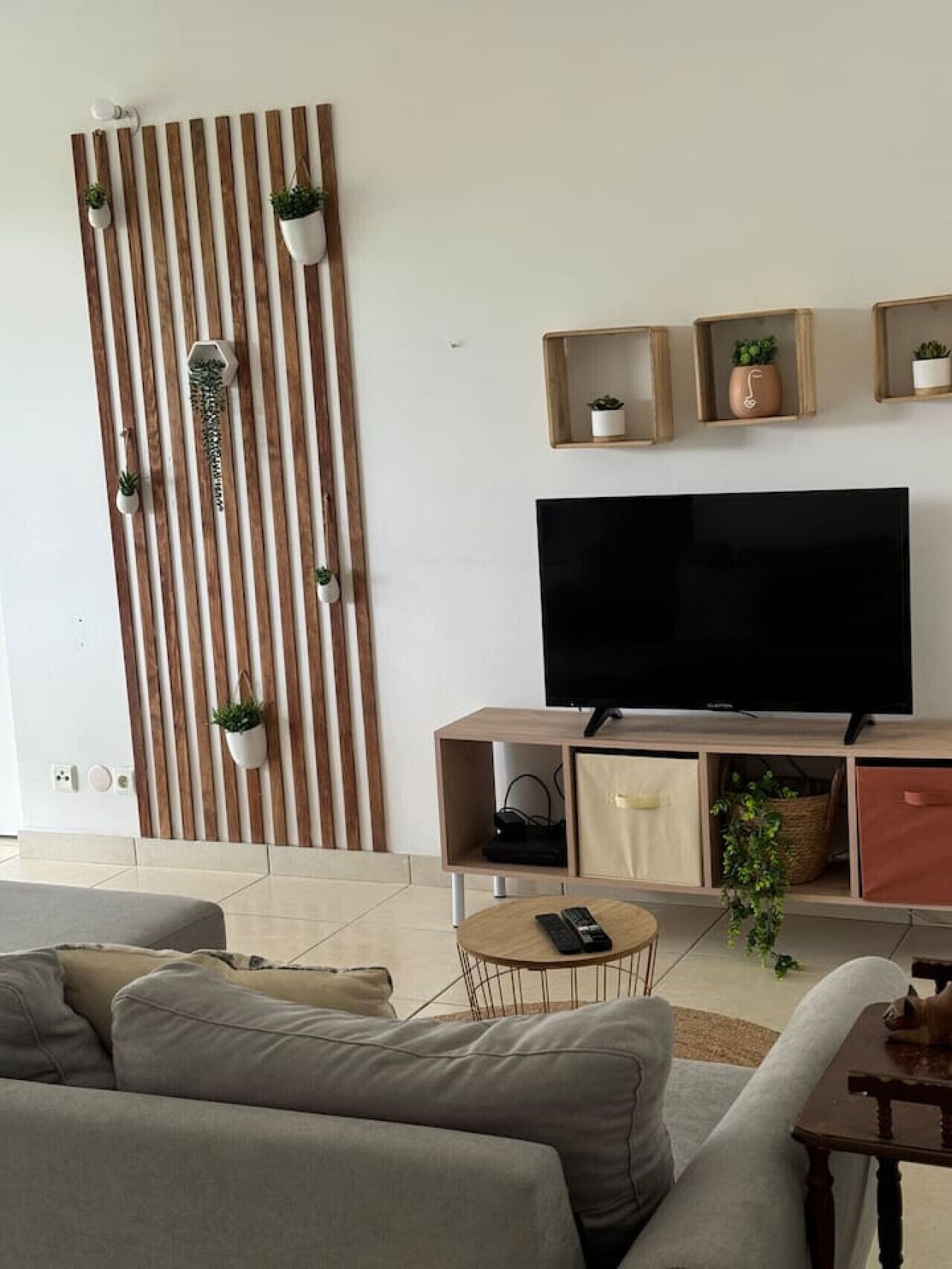 A modern living room with a flat-screen TV, wooden panel wall, and built-in shelves with potted plants.