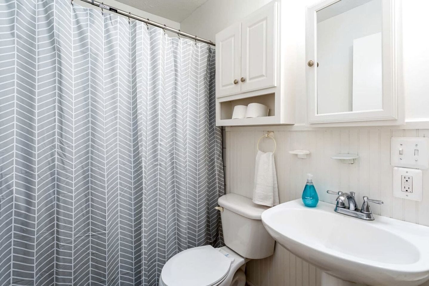 Hair dryer, towels, toilet paper