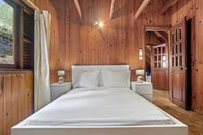 A wooden room with a bed, nightstands, and a door.