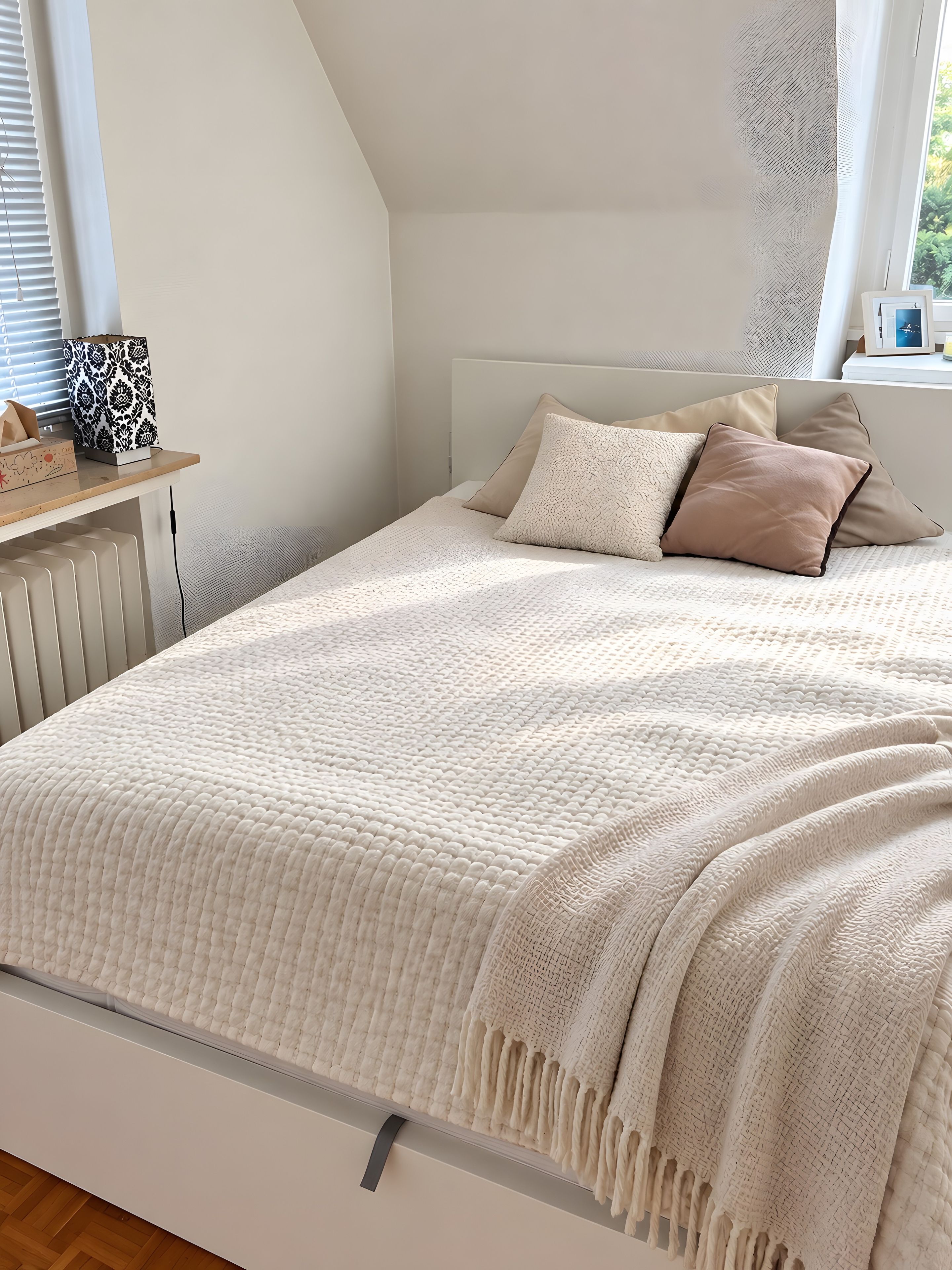Un lit bien fait, recouvert d’une couverture à motifs, une table de chevet avec une lampe décorative et une fenêtre avec des stores.