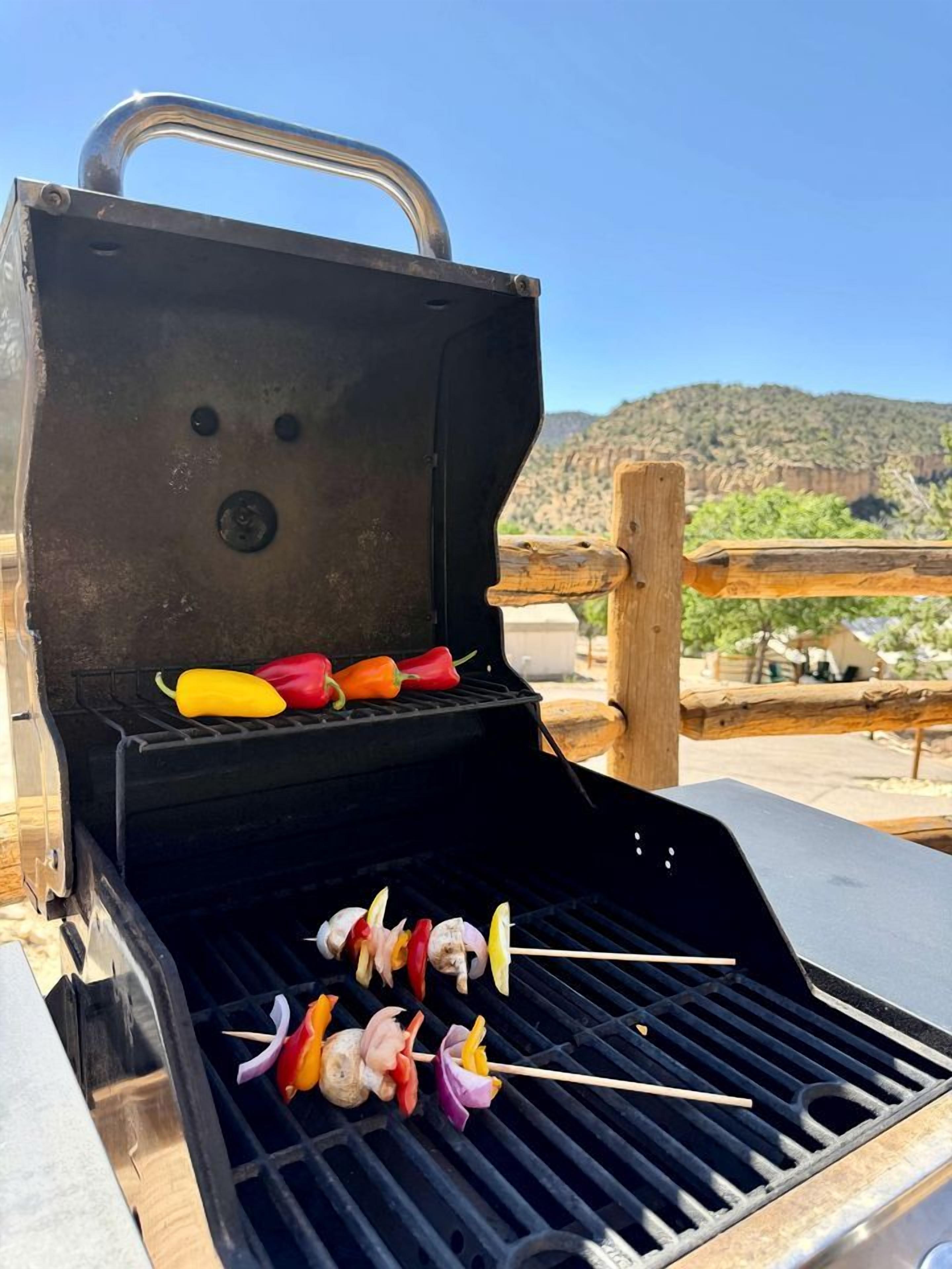 A barbecue grill with skewers of vegetables and meat, set against a clear sky and a mountainous backdrop.