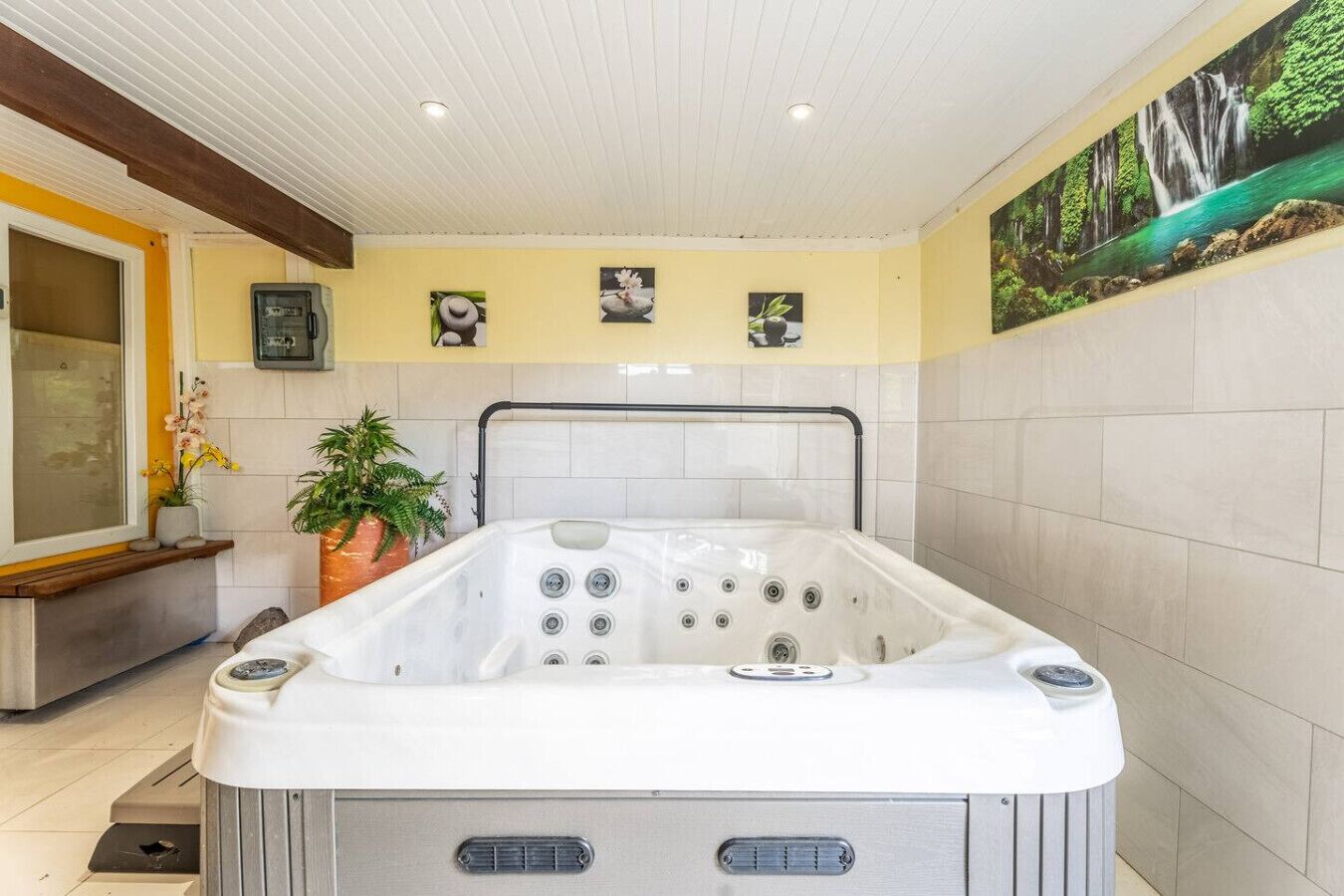 A spa room with a hot tub, a potted plant, and a waterfall mural on the wall.