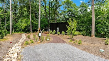 A gravel driveway leading to a cabin surrounded by trees.