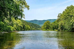 A river surrounded by dense forest and hills.