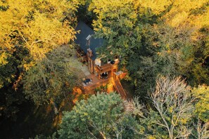 A secluded cabin surrounded by dense forest, accessible by a wooden staircase. - Waterfront Lake Views w/ Hot tub in Hocking Hills (Logan)