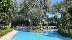 Una piscina con un puente de madera, rodeada de árboles y follaje.