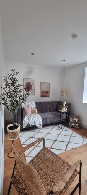 A modern living room with a grey sofa, a woven chair, a small table with decorative items, and a potted plant. - 3 Nottingham Apts + Castle Views & City Centre (Nottingham)