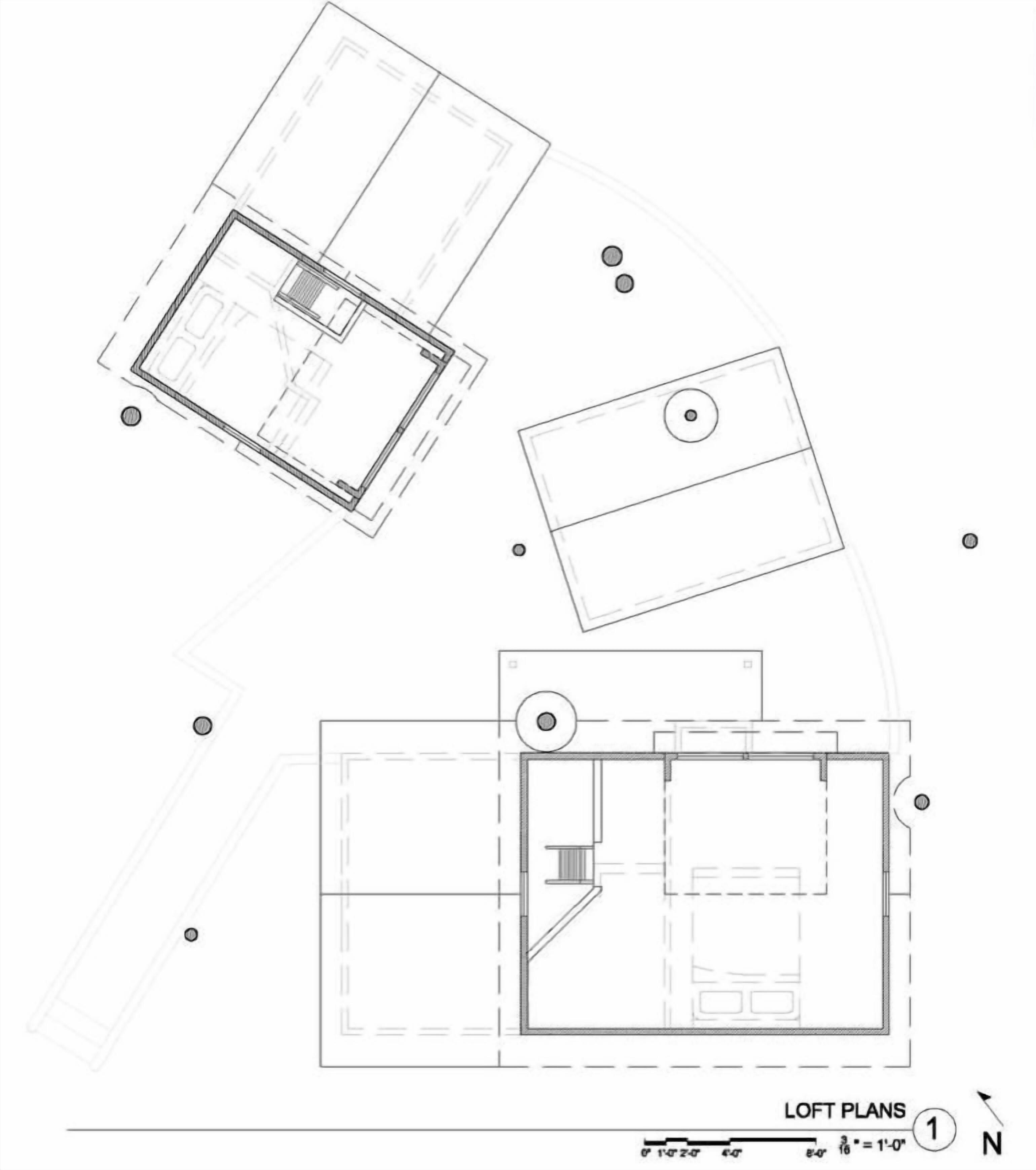 A floor plan with three distinct areas, each with a central column, possibly indicating a lobby or common space.