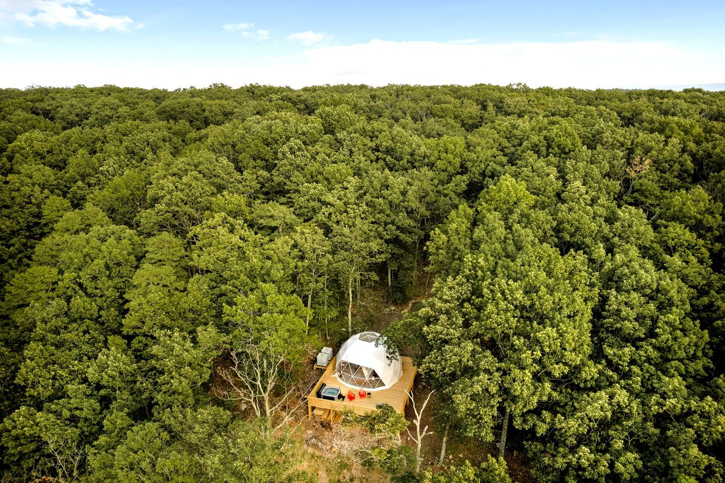 A dome-shaped structure surrounded by dense forest.
