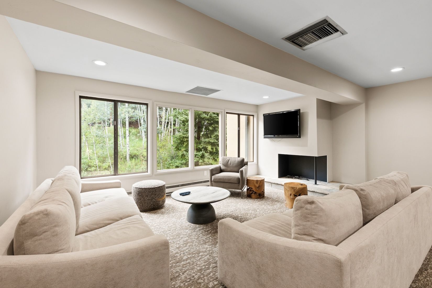 Una sala de estar moderna con chimenea, ventanas amplias y un televisor de pantalla plana.