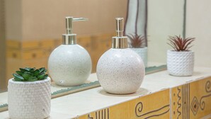 A bathroom vanity with two soap dispensers and two potted plants. - Beautiful suite for up to 5 people, with a pool and private parking. (Mérida)