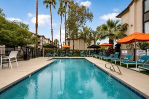A swimming pool with lounge chairs and umbrellas, surrounded by palm trees and a fence. - Stylish Suites: Pet-Friendly 2BR in Tempe | Near ASU w/ Pools & Gym (Tempe)