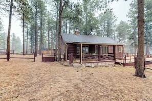 A rustic cabin with a porch, surrounded by a wooden fence and tall pine trees. - Big Bear Cabin - Dog-Friendly Cabin • Great Location (Woodland Park)