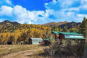 A rural landscape with a dirt path leading to a cluster of buildings with green roofs. - Rainbows End - Mountain-View Home • Basketball Court (Cripple Creek)