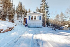 A small, single-story cabin with a front porch, surrounded by snow-covered trees. - Dog-Friendly Rustic Cabin w/ Fireplace (Florissant)