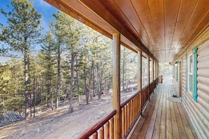 A wooden porch with a view of a forest. - Meandering Moose Cabin - Secluded Wood Cabin w/ Big Deck (Florissant)