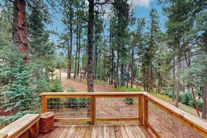 Eine Holzterrasse mit Metallgeländer, mit Blick auf ein bewaldetes Gebiet.
