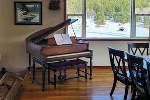 A grand piano in a room with a large window, a dining table with chairs, and a framed picture on the wall.