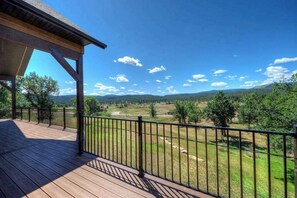 Eine Holzterrasse mit Metallgeländer, die auf eine ländliche Landschaft mit Bäumen und Hügeln blickt.