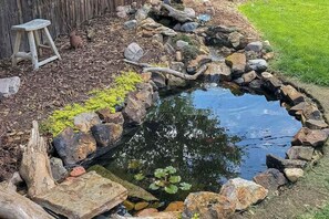 Ein kleiner Teich mit Steinen und Pflanzen, ein hölzerner Hocker und im Hintergrund ein Holzzaun.