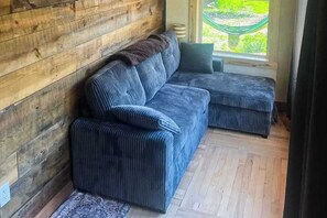 A room with a wooden wall, a blue sofa, and a window with a view of greenery. - Honey Bee Hideaway- Dog-Friendly Home - Porch & Mtn Views (Lead)