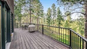 En träaltan med ett bord och stolar, omgiven av ett svart räcke, med utsikt över ett skogsområde.