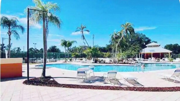 A swimming pool with lounge chairs and palm trees. - Spacious Townhome near Disney (Davenport)