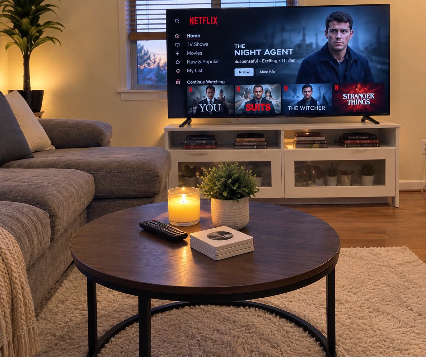 A living room with a TV displaying Netflix content, a remote control, a candle, and a stack of books on a coffee table.