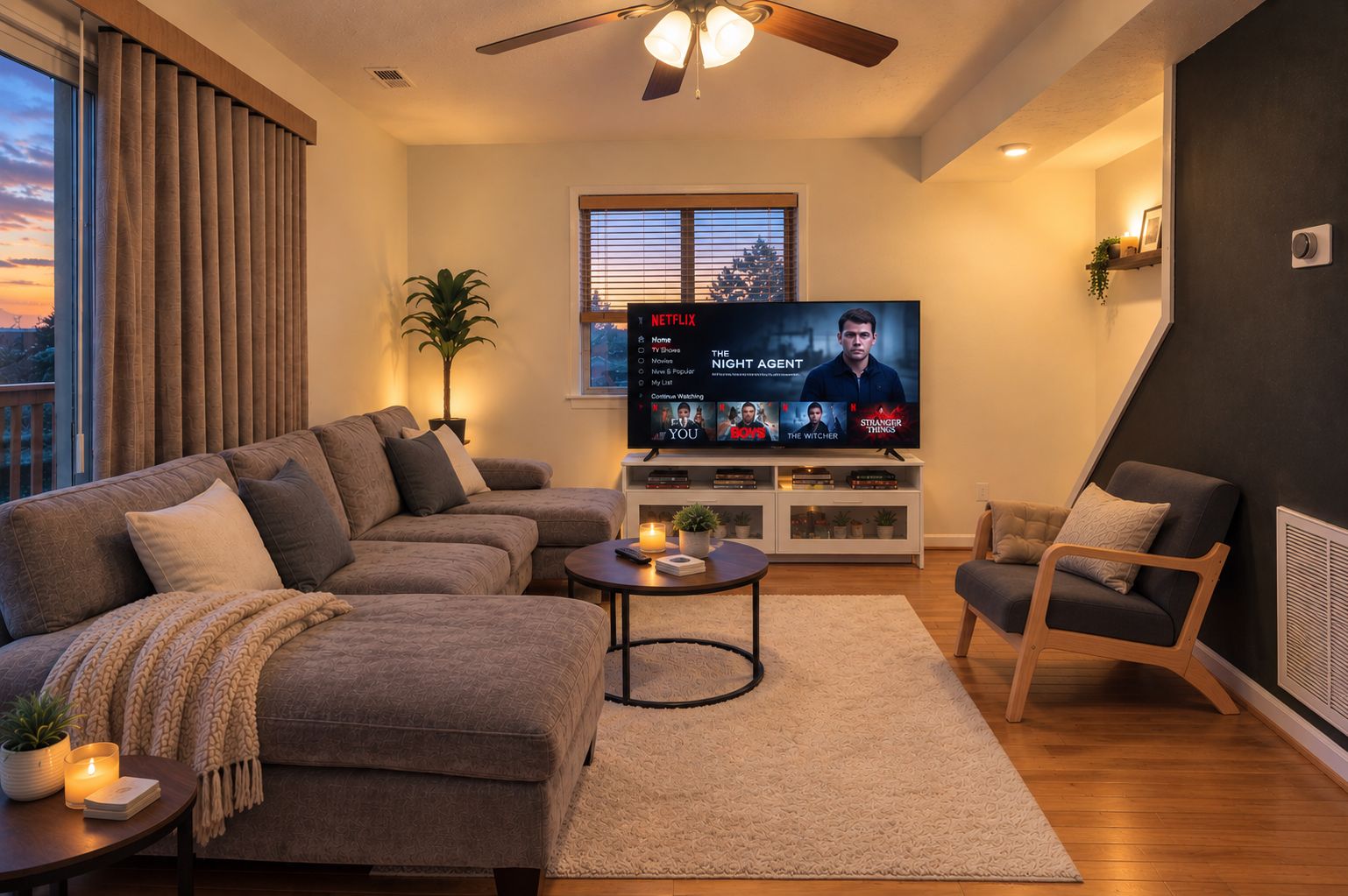 A modern living room with a sectional sofa, a coffee table, and a TV displaying a Netflix interface.