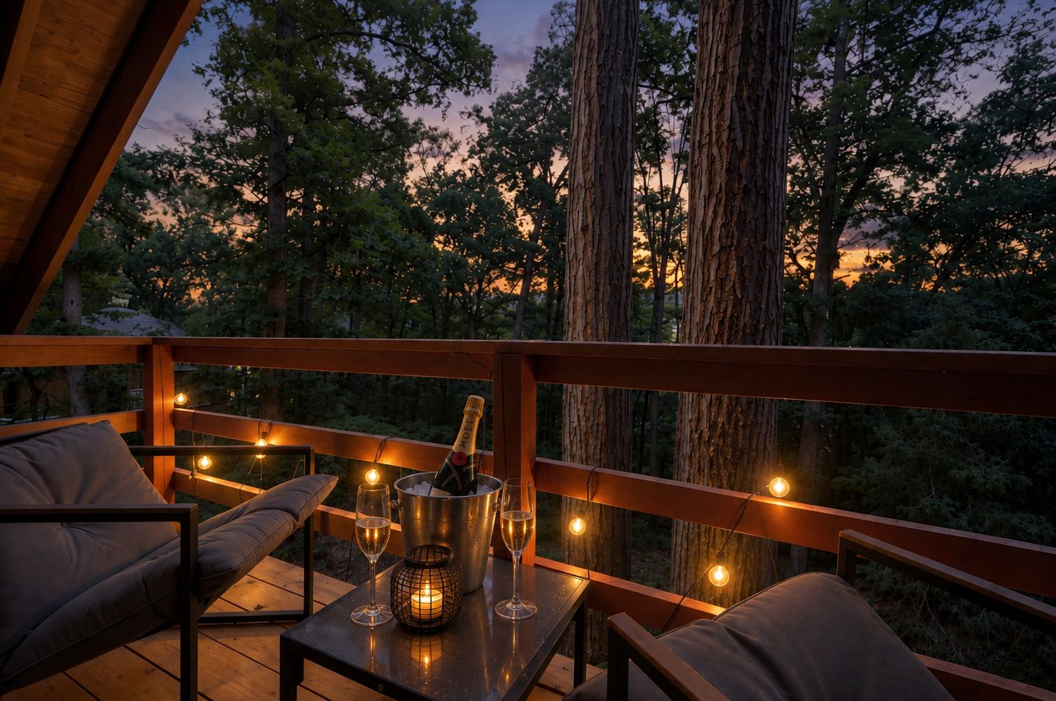 A deck with a table set for two, featuring a bottle of champagne, glasses, and a candle.