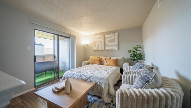 Un dormitorio moderno con cama, sofá, una mesa de centro y una planta en maceta.