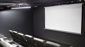 A movie theater with rows of seats, a projection screen, and a dark wall. - Spacious 5-bedroom MANSION in tranquil Guarne perfect for families & events (Guarne)