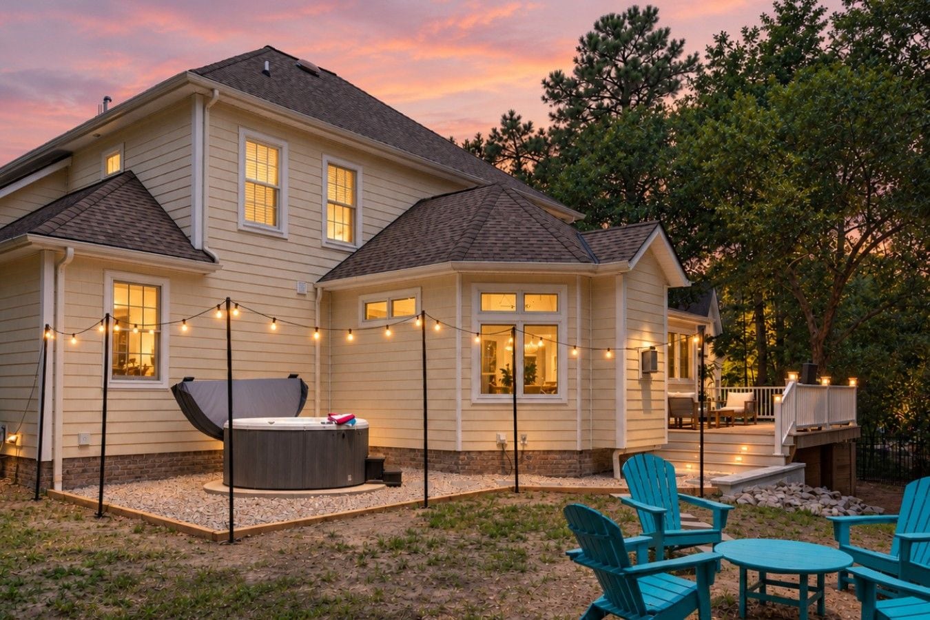 Ein zweistöckiges Haus mit einer Terrassenfläche, Sitzgelegenheiten im Freien und Lichterketten.