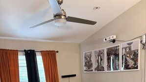 Een woonkamer met een groene bank, een vloerkleed in rood en oranje, een plafondventilator en een beamer aan de muur.