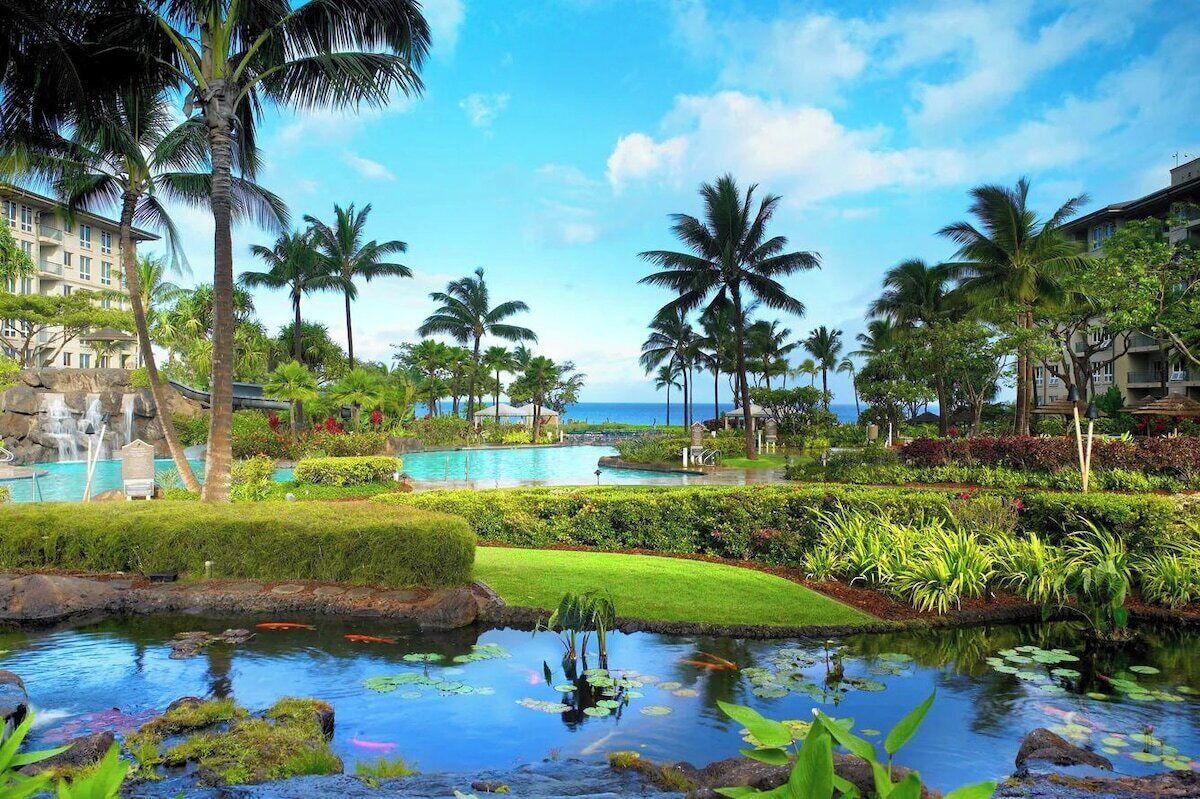 A resort with a swimming pool, palm trees, and a view of the ocean.