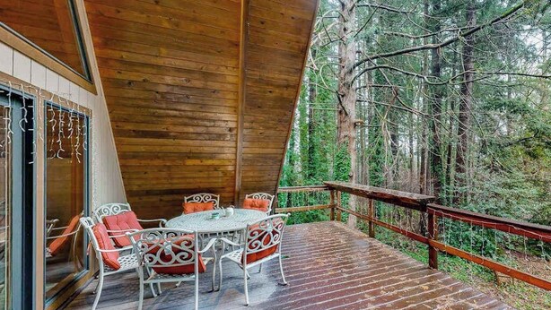 A wooden deck with a table and chairs, surrounded by a forest. - 2BR cabin with loft in wooded setting with WiFi (Beaverton)