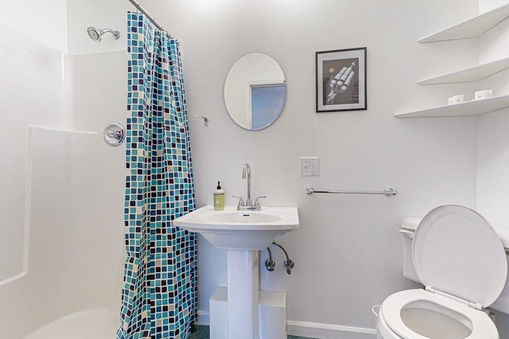 Een badkamer met een witte wastafel, toilet, douchegordijn en een ingelijst schilderij aan de muur.