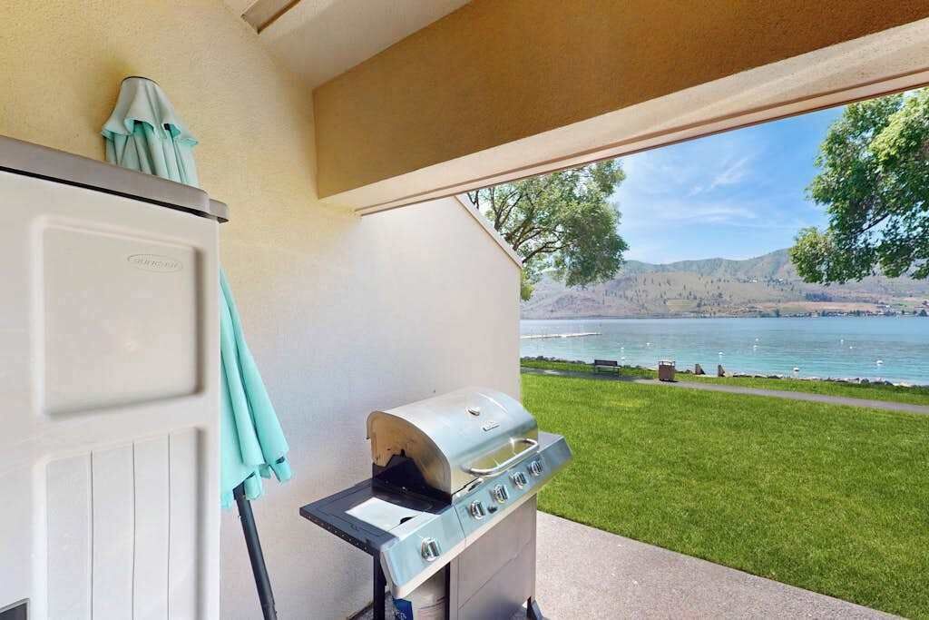 A portable grill with a view of a lake and mountains.