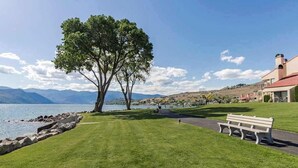 A grassy area with a bench and a tree, a body of water, and a building with a red roof in the background. - 1BR lakefront condo near beach with pool & hot tub (Chelan)