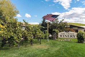A vineyard with grapevines and an American flag, a sign for Lake Chelan Winery, and a building in the background. - 3BR Lakeview Dog Friendly - Patio - W&D (Manson)