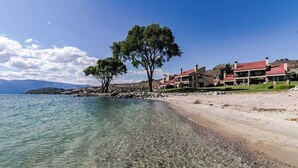 A coastal property with clear waters, a sandy beach, and a prominent tree. - 2BR Lakefront - Pool - Tennis - Hot Tub - Balcony (Chelan)