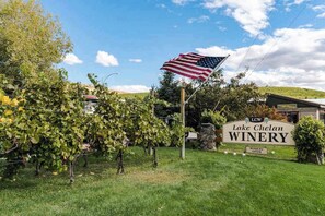 Un viticultiu amb un cartell de Lake Chelan Winery.