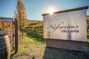 A sign for 'Nefarious Cellars' with a metal gate and a vineyard in the background.