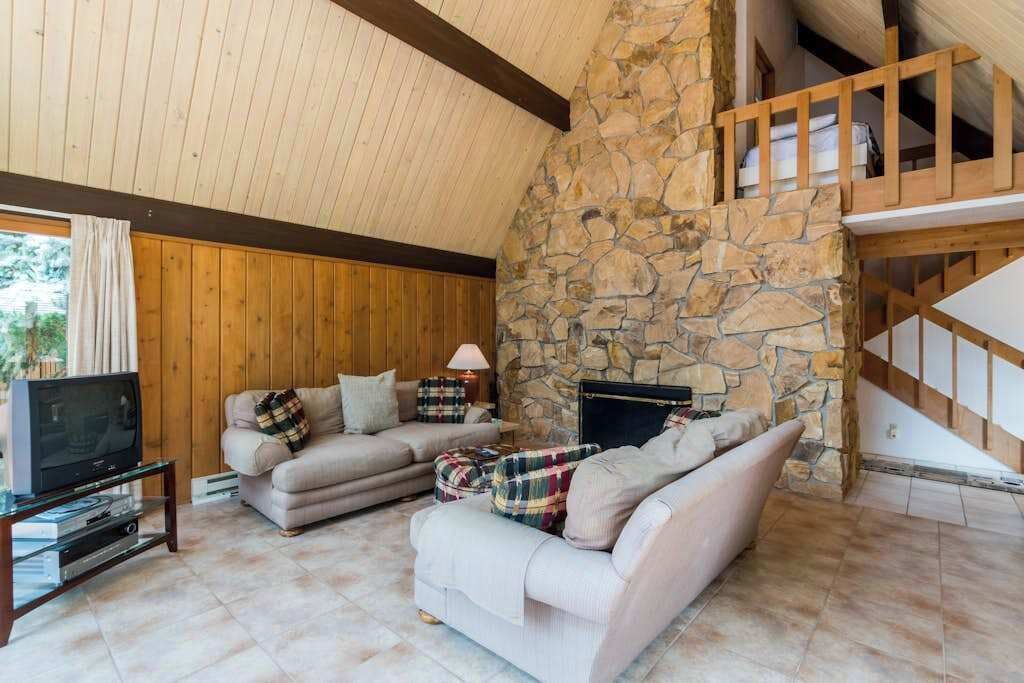 Una sala acogedora con chimenea de piedra, paredes de madera y un televisor sobre un mueble.