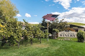 A vineyard with rows of grapevines and an American flag. A sign for Lake Chelan Winery is visible. - Luxe 2BR - Lakeview - Patio - Pool - Hot Tub (Chelan)