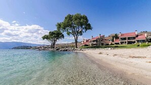 Ein Küstenanwesen mit klarem Wasser, einem Sandstrand und einem großen Baum.