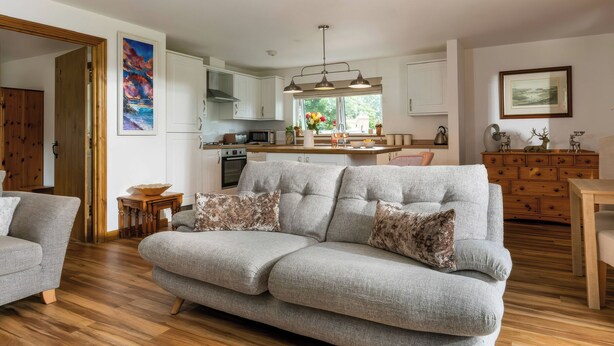 A modern living room with a grey sofa, wooden flooring, and a kitchen in the background.