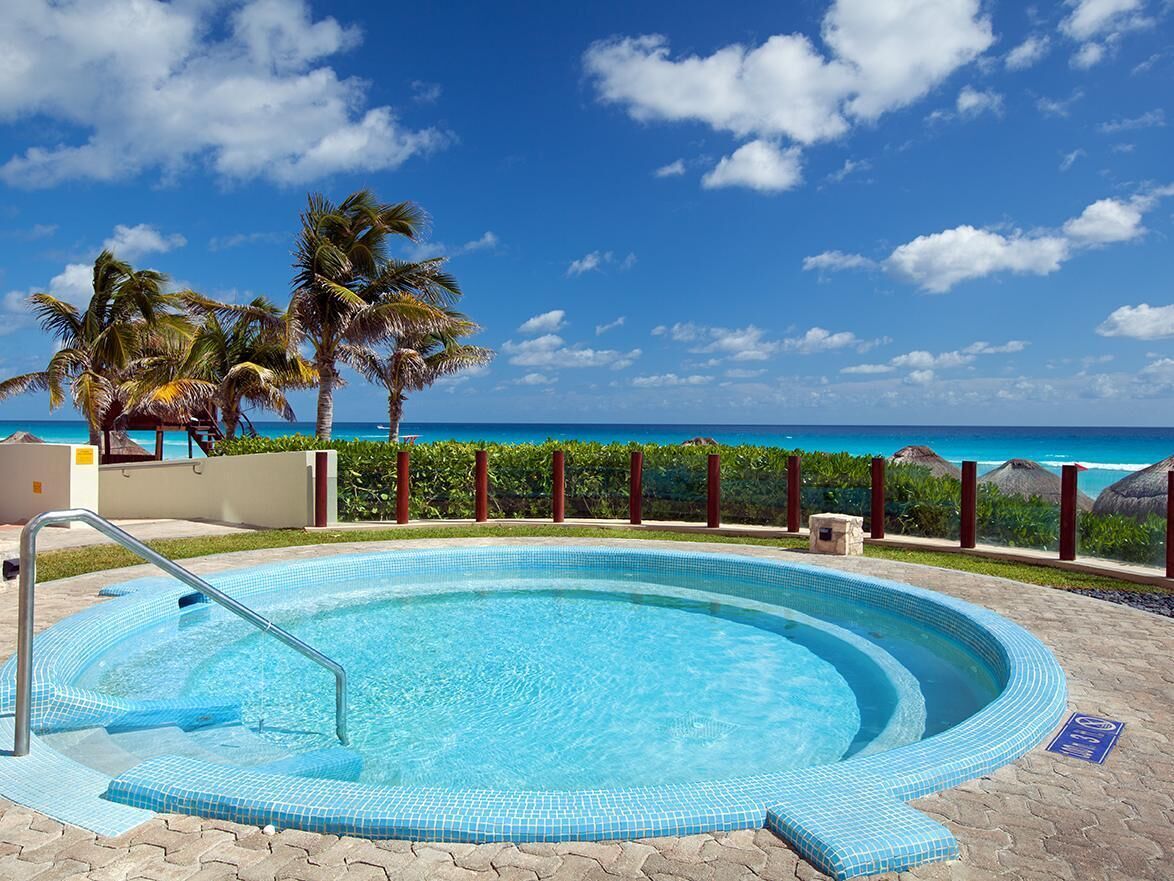 A swimming pool with a view of the ocean, surrounded by palm trees and a clear sky.