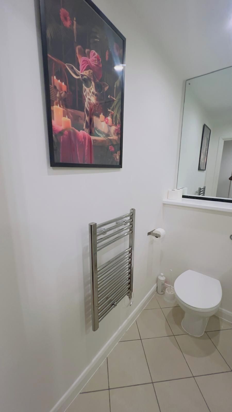 Ein Badezimmer mit Toilette, Heizkörper und einem Wandspiegel.