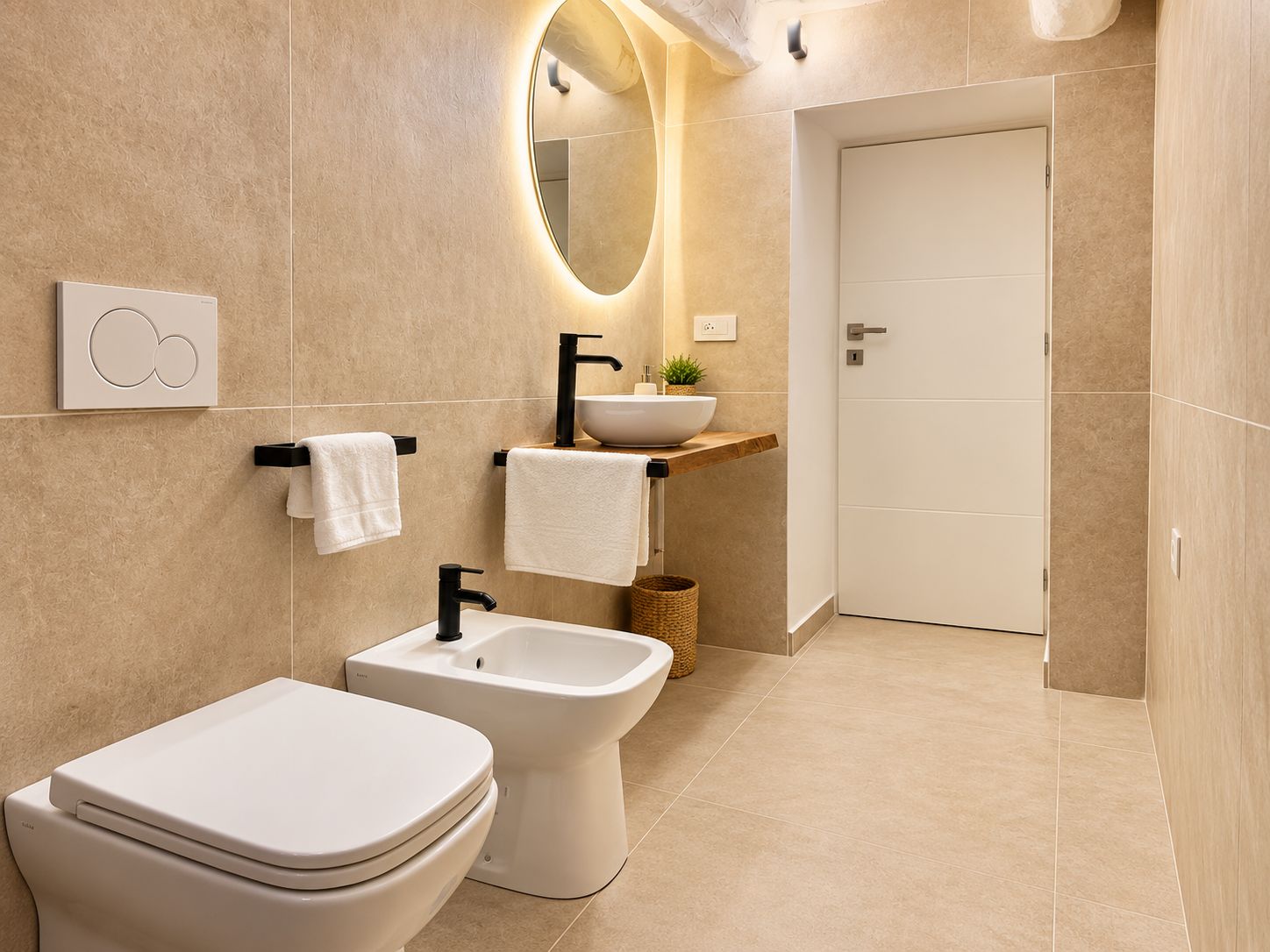 A modern bathroom with a toilet, bidet, and sink, a mirror, and a door leading to another room.